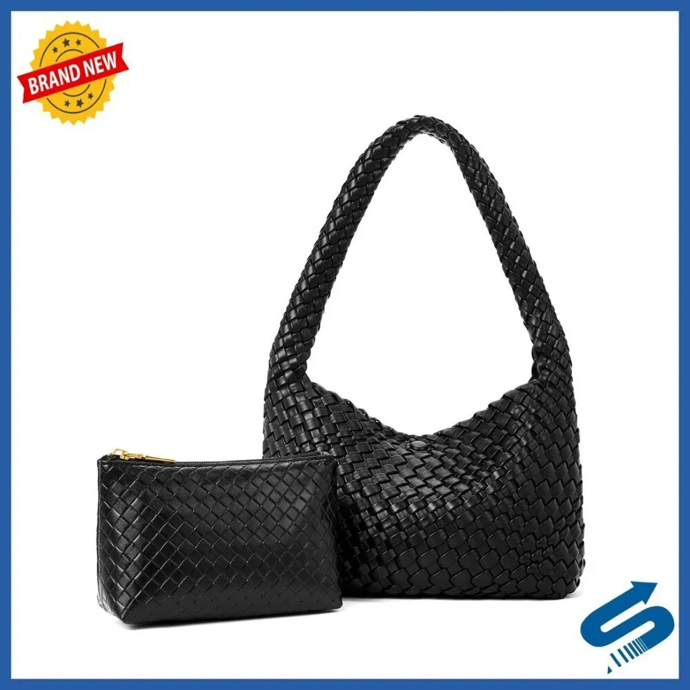Vegan Leather Woven Shoulder Bag Tote Handbag Elegant Boho Chic